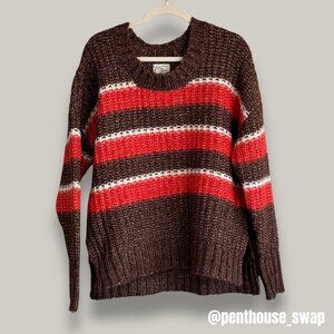 Aerie Offline Brown Orange Striped Oversized Chunky Sweater, Size XS